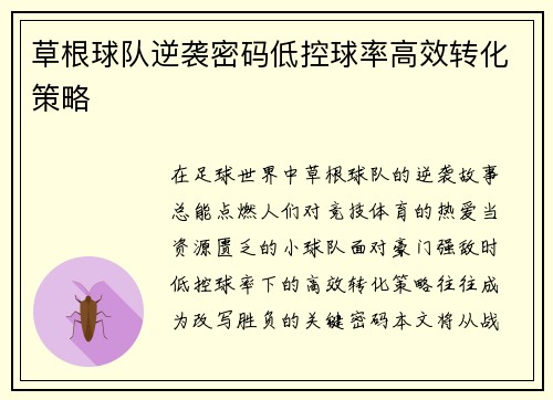 草根球队逆袭密码低控球率高效转化策略