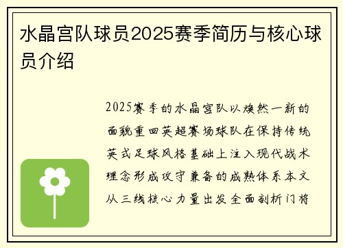 水晶宫队球员2025赛季简历与核心球员介绍